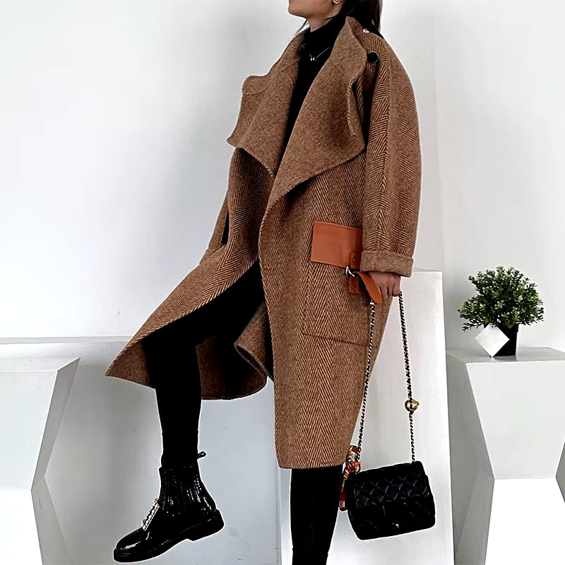 Autumn Winter Vintage Herringbone Pattern Cashmere Coats Female Mid-Length British Style Light Luxury Double-Sided Woolen Coat