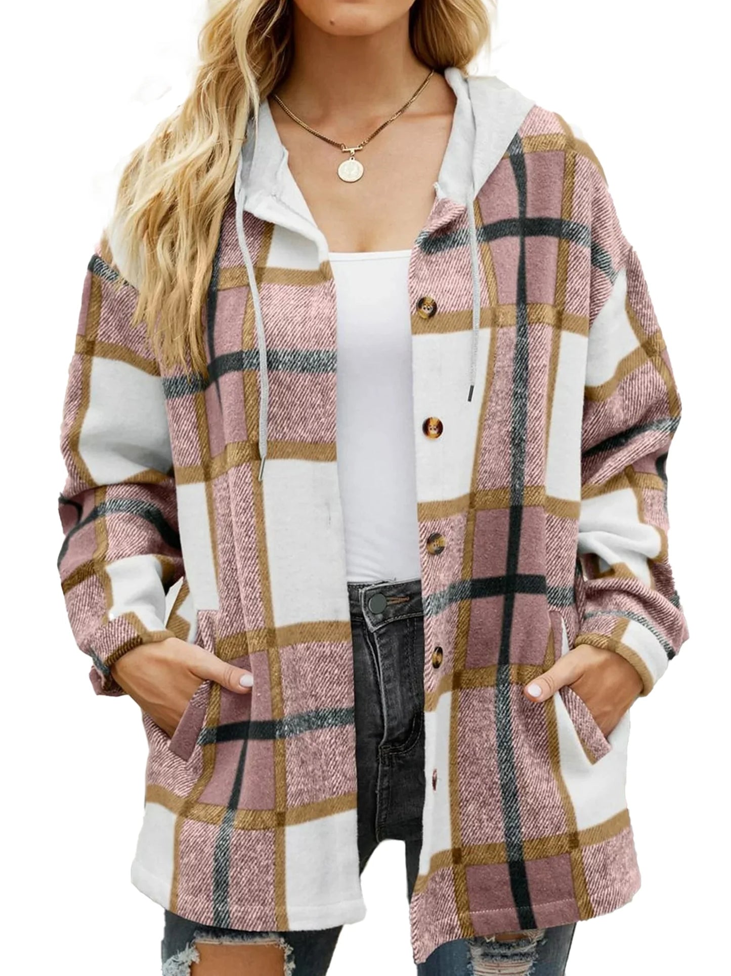 Flannel Shirts for Women Button down Plaid Shirt Hooded Shacket Jacket with Pocket