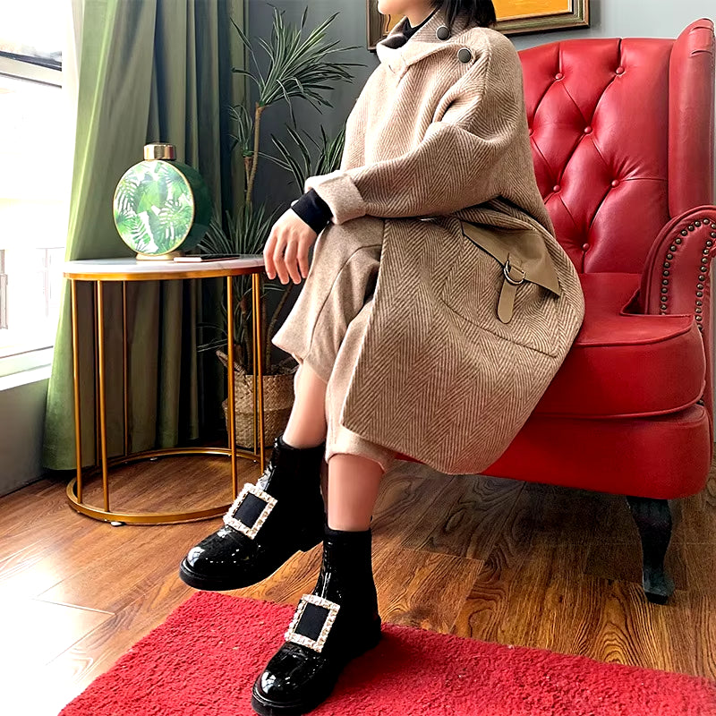 Autumn Winter Vintage Herringbone Pattern Cashmere Coats Female Mid-Length British Style Light Luxury Double-Sided Woolen Coat