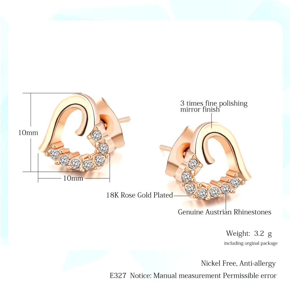 DWE327 Cute Love Heart Crystal Rose Gold Color Stud Earrings Fashion CZ Dimond Jewelry Earings for Women Wholesale Brincos