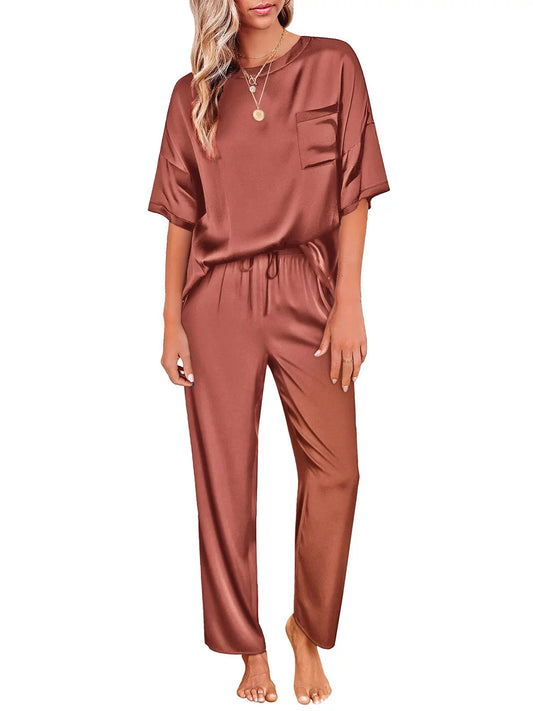 Womens Silk Satin Pajama Set Short Sleeve Shirt with Long Pajama Pant Set Two-Piece Pj Sets Soft Sleepwear Loungewear Nightwear Pjs S-2XL, Champagne, M