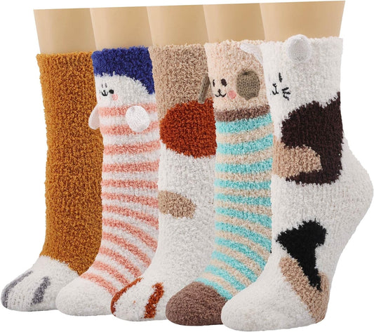 Fuzzy Slipper Socks for Women Fluffy Warm Non Slip Cozy Socks with Grips Winter Girls Soft Socks 5 Pairs