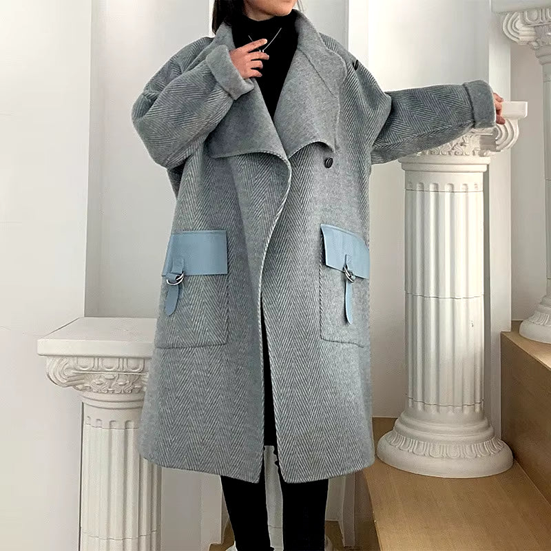 Autumn Winter Vintage Herringbone Pattern Cashmere Coats Female Mid-Length British Style Light Luxury Double-Sided Woolen Coat