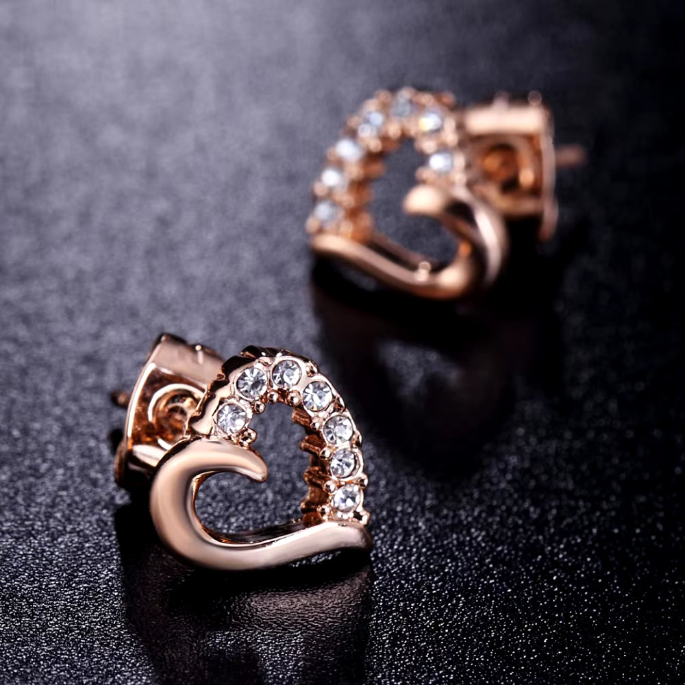 DWE327 Cute Love Heart Crystal Rose Gold Color Stud Earrings Fashion CZ Dimond Jewelry Earings for Women Wholesale Brincos