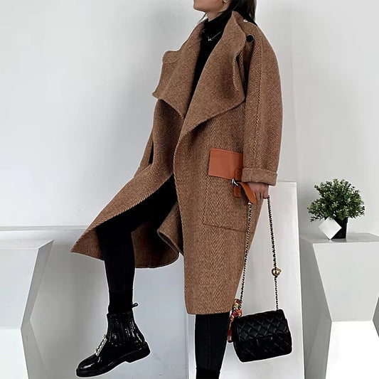 Autumn Winter Vintage Herringbone Pattern Cashmere Coats Female Mid-Length British Style Light Luxury Double-Sided Woolen Coat