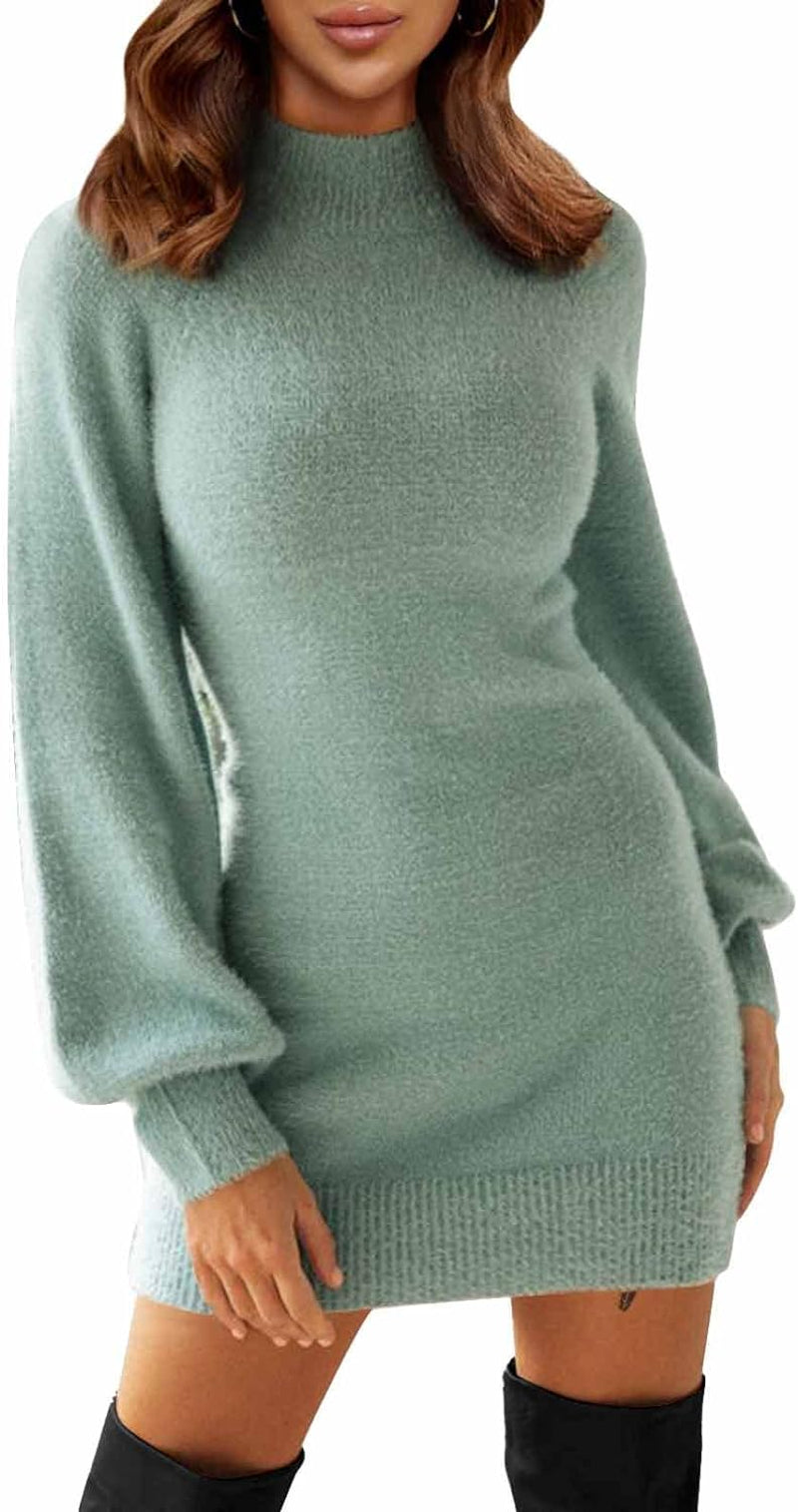 Women'S Mock Neck Ribbed Long Sleeve Bodycon Pullover Cute Mini Sweater Dress